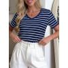 imagePRETTYGARDEN Short Sleeve Shirts for Women 2026 Spring V Neck Cute Tops Casual Striped Shirt Knitted Tees Summer OutfitsStriped Grey Blue White