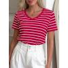 imagePRETTYGARDEN Short Sleeve Shirts for Women 2026 Spring V Neck Cute Tops Casual Striped Shirt Knitted Tees Summer OutfitsStriped Red White