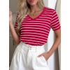imagePRETTYGARDEN Short Sleeve Shirts for Women 2026 Spring V Neck Cute Tops Casual Striped Shirt Knitted Tees Summer OutfitsStriped Red White