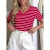 imagePRETTYGARDEN Short Sleeve Shirts for Women 2026 Spring V Neck Cute Tops Casual Striped Shirt Knitted Tees Summer OutfitsStriped Red White