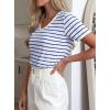 imagePRETTYGARDEN Short Sleeve Shirts for Women 2026 Spring V Neck Cute Tops Casual Striped Shirt Knitted Tees Summer OutfitsStriped White Blue