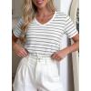 imagePRETTYGARDEN Short Sleeve Shirts for Women 2026 Spring V Neck Cute Tops Casual Striped Shirt Knitted Tees Summer OutfitsStriped White Grey