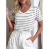 imagePRETTYGARDEN Short Sleeve Shirts for Women 2026 Spring V Neck Cute Tops Casual Striped Shirt Knitted Tees Summer OutfitsStriped White Grey