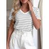 imagePRETTYGARDEN Short Sleeve Shirts for Women 2026 Spring V Neck Cute Tops Casual Striped Shirt Knitted Tees Summer OutfitsStriped White Grey