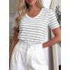 imagePRETTYGARDEN Short Sleeve Shirts for Women 2026 Spring V Neck Cute Tops Casual Striped Shirt Knitted Tees Summer OutfitsStriped White Grey