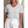 imagePRETTYGARDEN Short Sleeve Shirts for Women 2026 Spring V Neck Cute Tops Casual Striped Shirt Knitted Tees Summer OutfitsStriped White Grey