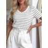 imagePRETTYGARDEN Short Sleeve Shirts for Women 2026 Spring V Neck Cute Tops Casual Striped Shirt Knitted Tees Summer OutfitsStriped White Grey