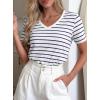 imagePRETTYGARDEN Short Sleeve Shirts for Women 2026 Spring V Neck Cute Tops Casual Striped Shirt Knitted Tees Summer OutfitsStriped White Navy