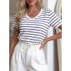 imagePRETTYGARDEN Short Sleeve Shirts for Women 2026 Spring V Neck Cute Tops Casual Striped Shirt Knitted Tees Summer OutfitsStriped White Navy