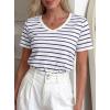 imagePRETTYGARDEN Short Sleeve Shirts for Women 2026 Spring V Neck Cute Tops Casual Striped Shirt Knitted Tees Summer OutfitsStriped White Navy