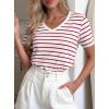 imagePRETTYGARDEN Short Sleeve Shirts for Women 2026 Spring V Neck Cute Tops Casual Striped Shirt Knitted Tees Summer OutfitsStriped White Red