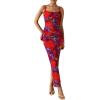 imagePRETTYGARDEN Summer Wedding Guest Dresses for Women 2026 Spaghetti Strap Mesh Bodycon Beach Vacation Floral Maxi Long DressesFloral Navy Red