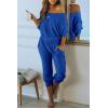 imagePRETTYGARDEN Two Piece Sets for Women 2026 Casual Ribbed Knit Off Shoulder Tops Lounge Pants Fall Tracksuits Winter ClothesDark Blue