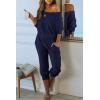 imagePRETTYGARDEN Two Piece Sets for Women 2026 Casual Ribbed Knit Off Shoulder Tops Lounge Pants Fall Tracksuits Winter ClothesDark Sea Blue