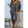 imagePRETTYGARDEN Two Piece Sets for Women 2026 Casual Ribbed Knit Off Shoulder Tops Lounge Pants Fall Tracksuits Winter ClothesGrey Blue