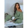imagePRETTYGARDEN Two Piece Sets for Women 2026 Casual Ribbed Knit Off Shoulder Tops Lounge Pants Fall Tracksuits Winter ClothesLight Green