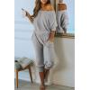 imagePRETTYGARDEN Two Piece Sets for Women 2026 Casual Ribbed Knit Off Shoulder Tops Lounge Pants Fall Tracksuits Winter ClothesLight Grey