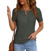 imagePRETTYGARDEN Waffle Knit Tops for Women Short Sleeve Henley Shirts 2026 Summer Blouses Dressy Casual Spring Fashion ClothesArmy Green