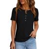 imagePRETTYGARDEN Waffle Knit Tops for Women Short Sleeve Henley Shirts 2026 Summer Blouses Dressy Casual Spring Fashion ClothesBlack