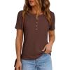 imagePRETTYGARDEN Waffle Knit Tops for Women Short Sleeve Henley Shirts 2026 Summer Blouses Dressy Casual Spring Fashion ClothesBrown