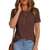 imagePRETTYGARDEN Waffle Knit Tops for Women Short Sleeve Henley Shirts 2026 Summer Blouses Dressy Casual Spring Fashion ClothesBrown