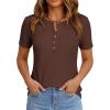 imagePRETTYGARDEN Waffle Knit Tops for Women Short Sleeve Henley Shirts 2026 Summer Blouses Dressy Casual Spring Fashion ClothesBrown