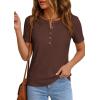imagePRETTYGARDEN Waffle Knit Tops for Women Short Sleeve Henley Shirts 2026 Summer Blouses Dressy Casual Spring Fashion ClothesBrown