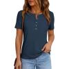 imagePRETTYGARDEN Waffle Knit Tops for Women Short Sleeve Henley Shirts 2026 Summer Blouses Dressy Casual Spring Fashion ClothesNavy Blue