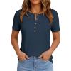 imagePRETTYGARDEN Waffle Knit Tops for Women Short Sleeve Henley Shirts 2026 Summer Blouses Dressy Casual Spring Fashion ClothesNavy Blue