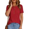 imagePRETTYGARDEN Waffle Knit Tops for Women Short Sleeve Henley Shirts 2026 Summer Blouses Dressy Casual Spring Fashion ClothesRed