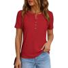imagePRETTYGARDEN Waffle Knit Tops for Women Short Sleeve Henley Shirts 2026 Summer Blouses Dressy Casual Spring Fashion ClothesRed