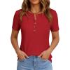 imagePRETTYGARDEN Waffle Knit Tops for Women Short Sleeve Henley Shirts 2026 Summer Blouses Dressy Casual Spring Fashion ClothesRed