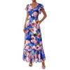 imagePRETTYGARDEN Wedding Guest Dresses for Women 2026 Spring Summer Short Sleeve Ruffle V Neck Floral Flowy Beach Maxi Long DressBlack Pink Flower
