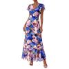 imagePRETTYGARDEN Wedding Guest Dresses for Women 2026 Spring Summer Short Sleeve Ruffle V Neck Floral Flowy Beach Maxi Long DressBlack Pink Flower