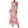 imagePRETTYGARDEN Wedding Guest Dresses for Women 2026 Spring Summer Short Sleeve Ruffle V Neck Floral Flowy Beach Maxi Long DressFloral Apricot Pink