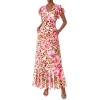 imagePRETTYGARDEN Wedding Guest Dresses for Women 2026 Spring Summer Short Sleeve Ruffle V Neck Floral Flowy Beach Maxi Long DressFloral Apricot Pink