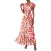 imagePRETTYGARDEN Wedding Guest Dresses for Women 2026 Spring Summer Short Sleeve Ruffle V Neck Floral Flowy Beach Maxi Long DressFloral Apricot Pink