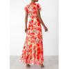 imagePRETTYGARDEN Wedding Guest Dresses for Women 2026 Spring Summer Short Sleeve Ruffle V Neck Floral Flowy Beach Maxi Long DressPrint Orange