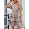 imagePRETTYGARDEN Womens 2026 Floral Summer Short Dress Square Neck Short Sleeve Tiered Ruffle Boho Swing DressesArmy Green Floral