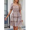 imagePRETTYGARDEN Womens 2026 Floral Summer Short Dress Square Neck Short Sleeve Tiered Ruffle Boho Swing DressesArmy Green Floral