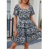 imagePRETTYGARDEN Womens 2026 Floral Summer Short Dress Square Neck Short Sleeve Tiered Ruffle Boho Swing DressesBlack Blue Floral