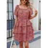 imagePRETTYGARDEN Womens 2026 Floral Summer Short Dress Square Neck Short Sleeve Tiered Ruffle Boho Swing DressesBlack Orange Floral