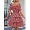 imagePRETTYGARDEN Womens 2026 Floral Summer Short Dress Square Neck Short Sleeve Tiered Ruffle Boho Swing DressesBlack Orange Floral