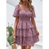 imagePRETTYGARDEN Womens 2026 Floral Summer Short Dress Square Neck Short Sleeve Tiered Ruffle Boho Swing DressesBlack Pink Floral