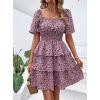 imagePRETTYGARDEN Womens 2026 Floral Summer Short Dress Square Neck Short Sleeve Tiered Ruffle Boho Swing DressesBlack Pink Floral