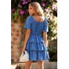 imagePRETTYGARDEN Womens 2026 Floral Summer Short Dress Square Neck Short Sleeve Tiered Ruffle Boho Swing DressesBlue