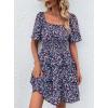 imagePRETTYGARDEN Womens 2026 Floral Summer Short Dress Square Neck Short Sleeve Tiered Ruffle Boho Swing DressesBlue Purple Floral