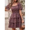 imagePRETTYGARDEN Womens 2026 Floral Summer Short Dress Square Neck Short Sleeve Tiered Ruffle Boho Swing DressesCoffee