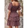 imagePRETTYGARDEN Womens 2026 Floral Summer Short Dress Square Neck Short Sleeve Tiered Ruffle Boho Swing DressesCoffee