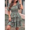 imagePRETTYGARDEN Womens 2026 Floral Summer Short Dress Square Neck Short Sleeve Tiered Ruffle Boho Swing DressesDark Green